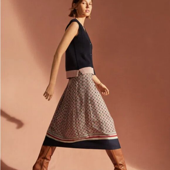 Boden Pleated Skirt Midi A-Line Printed Floral Geometric Navy Pink Size US 6 - Picture 1 of 9